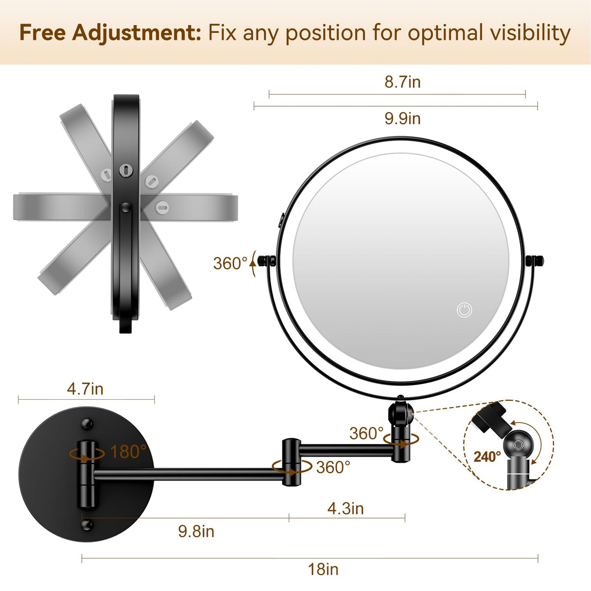 9" Wall Mounted Lighted Makeup Mirror,4000mAh Rechargeable Double Sided 1X/10X Magnifying Mirror with Light,Touch Dimmable,Extended Arm 360 Rotation Wall Mounted Makeup Mirror 3 Color Lights-Black