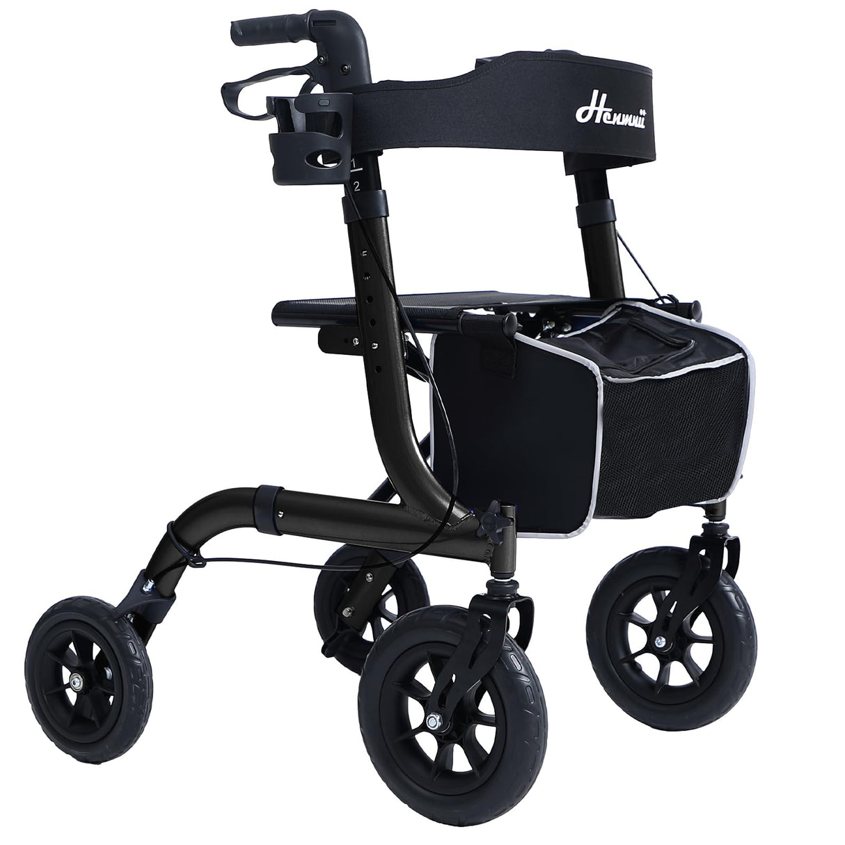 Henmnii Rollator Walker for Seniors, Lightweight Foldable All Terrain Rolling Walker with seat, Aluminum Walkers with 10 inch Rubber Wheels, Handles and Backrest for Seniors and Adult