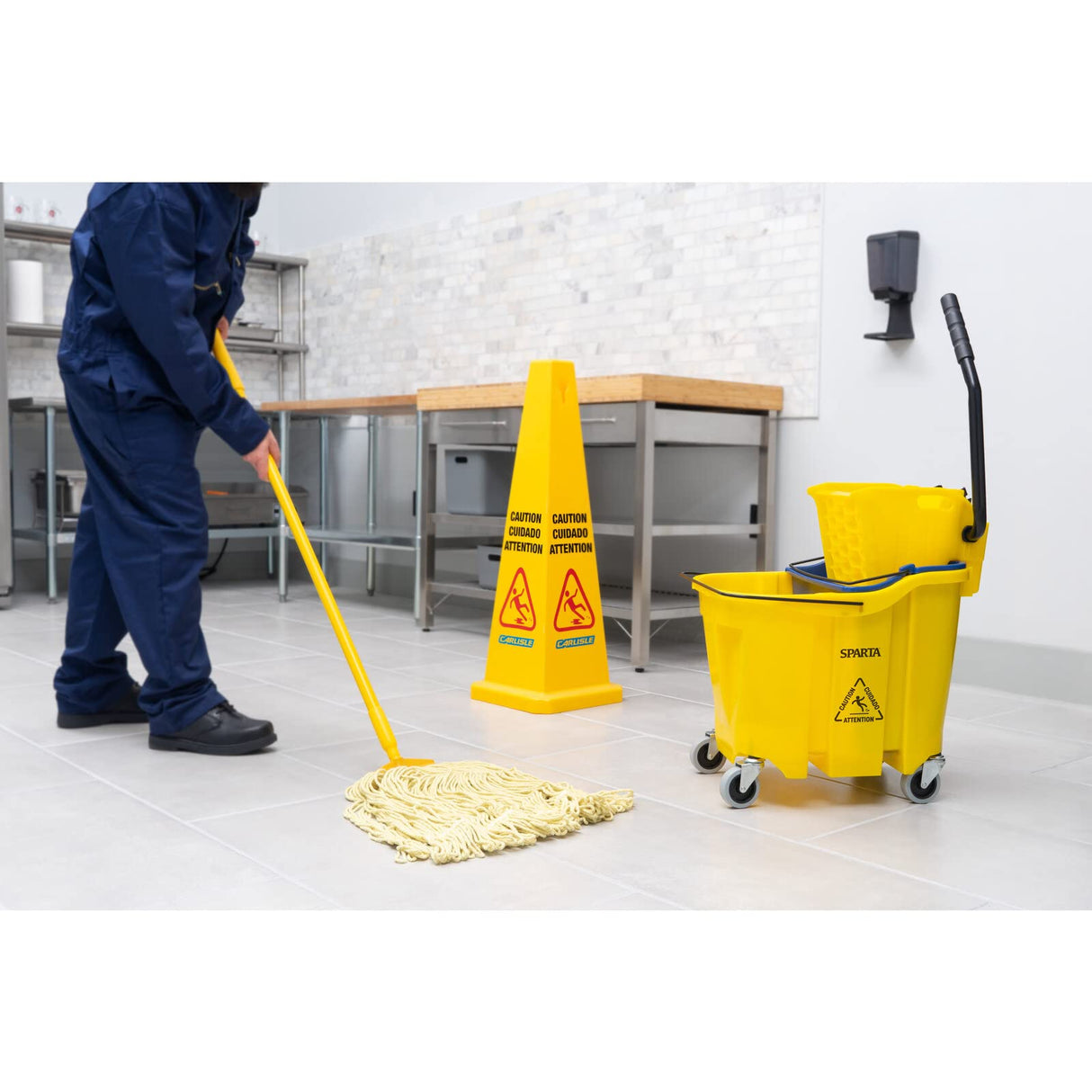 SPARTA OmniFit Mop Bucket System, Durable Mop Bucket, Side Press Wringer, and Soiled Water Insert, Floor Cleaning Essentials for Commercial and Home Use, 35 Qt Capacity, 1 Count, Yellow