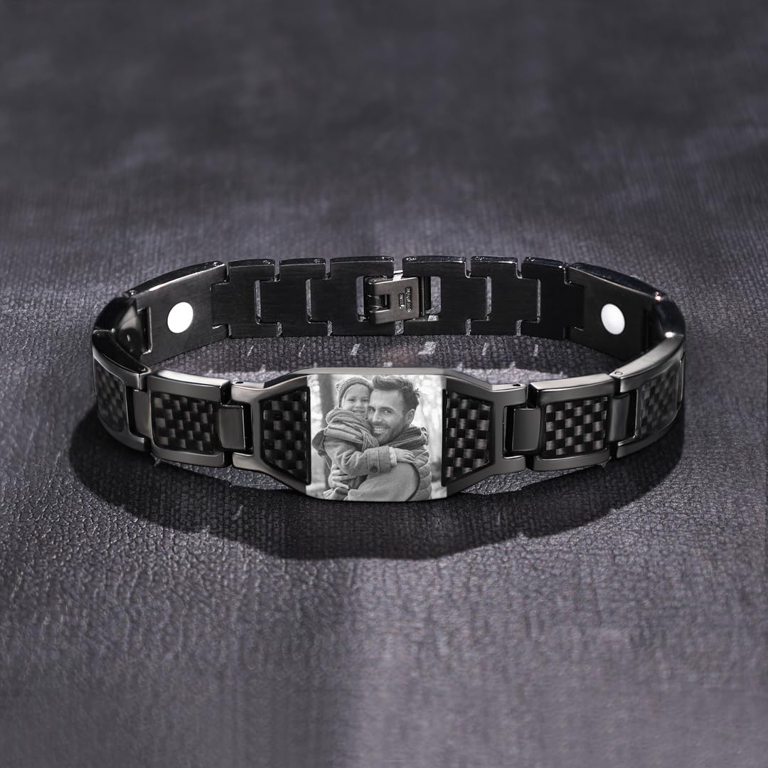 Luxladis Personalized Photo Bracelet for Men Customized Picture Bracelet Gift for Dad Husband Brother Fathers Day (Black)