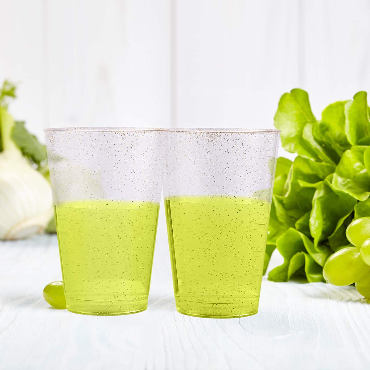 JOLLY CHEF 100 Pack 14 oz Gold Plastic Cups, Disposable Gold Glitter Plastic Cups, Clear Plastic Cups Tumblers, Wedding Cups Party Cups,Ideal for Halloween,Thanksgiving,Christmas