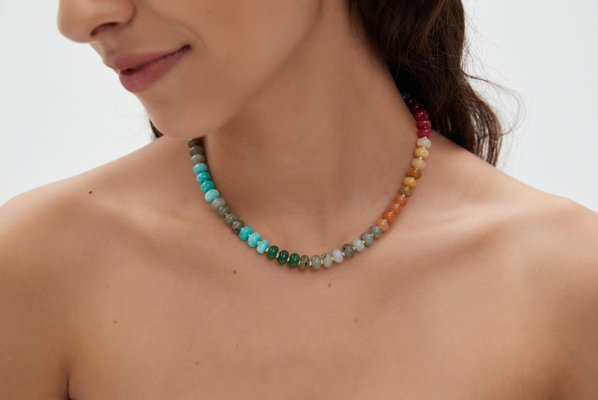 Zissunbeam Bead Gemstone Choker Necklace for Women,Colorful Natural Stone Beaded Statement Boho Beach Charm Necklace Jewelry for Women,Rainbow Stone Charm Trendy Necklaces