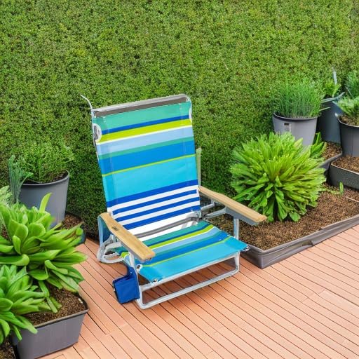 RIO beach Classic 5-Position Lay-Flat Folding Beach Chair, 30.8" x 24.75" x 29.5", Cool Blue Stripes, Pink/White/Beige/Black, 1 Count (Pack of 1)