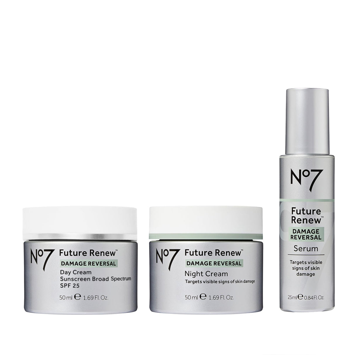 No7 Future Renew Damage Reversal Skincare Set - Anti Aging Face Serum (.33 Fl Oz), Day Cream with SPF 25 (1.69 Fl Oz) & Night Cream (1.69 Fl Oz) - Reverses Visible Signs of Sun Damage - 3-Piece Set