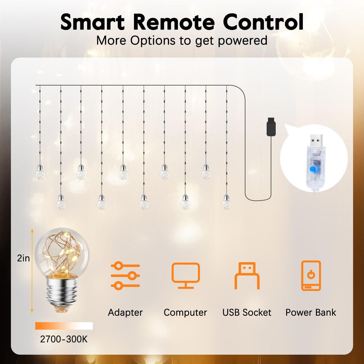 Minetom 200 LED Curtain Fairy Lights - 9.8 FT Wishing Ball Window Hanging Lights with Remote, USB Powered Waterproof for Christmas Wedding Bedroom Decoration, Warm White