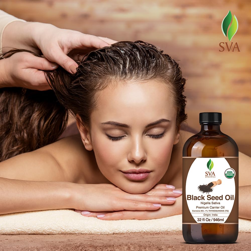SVA Black Seed Oil Organic - 32 Fl Oz – 100% Natural Cold Pressed Organic Black Seed Oil - for Face, Skin Care, Hair Care, Scalp Massage & Body Massage – Carrier Oil