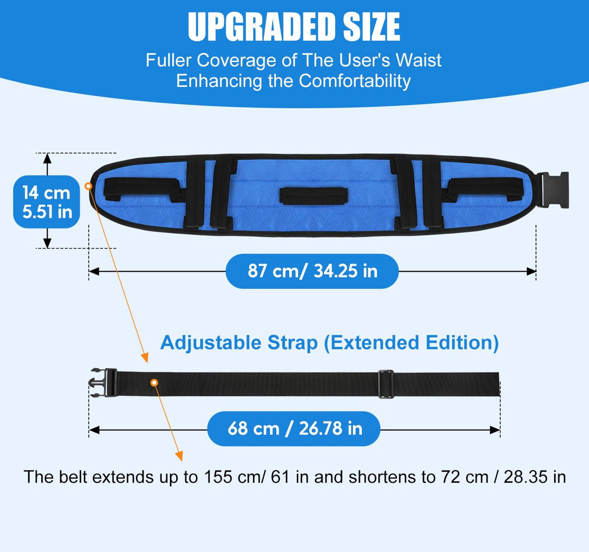 Rhino Valley Gait Belt for Senior with 7 Handles, 59" Anti-Slip Gate Belts Medical for Elderly, Transfer Belt with Quick Release Buckle, Elderly, Physical, Handicap, Bariatric Therapy, Blue & Black