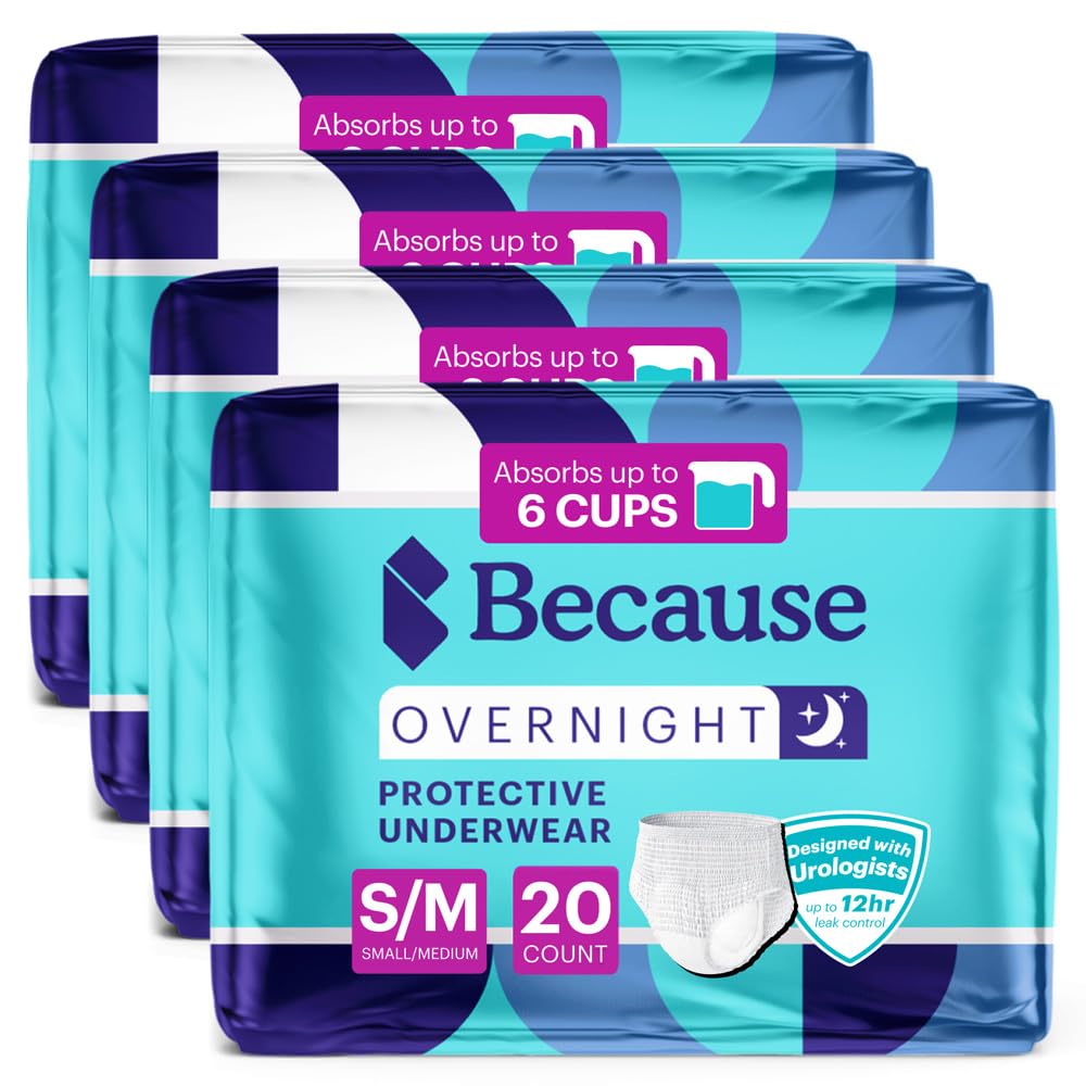 Because Overnight Absorbency Pull Ups - Adult Disposable Incontinence Underwear, Extra Absorbent Nighttime Briefs for Men and Women, White, Small/Medium, 80 Count (4 Packs of 20)