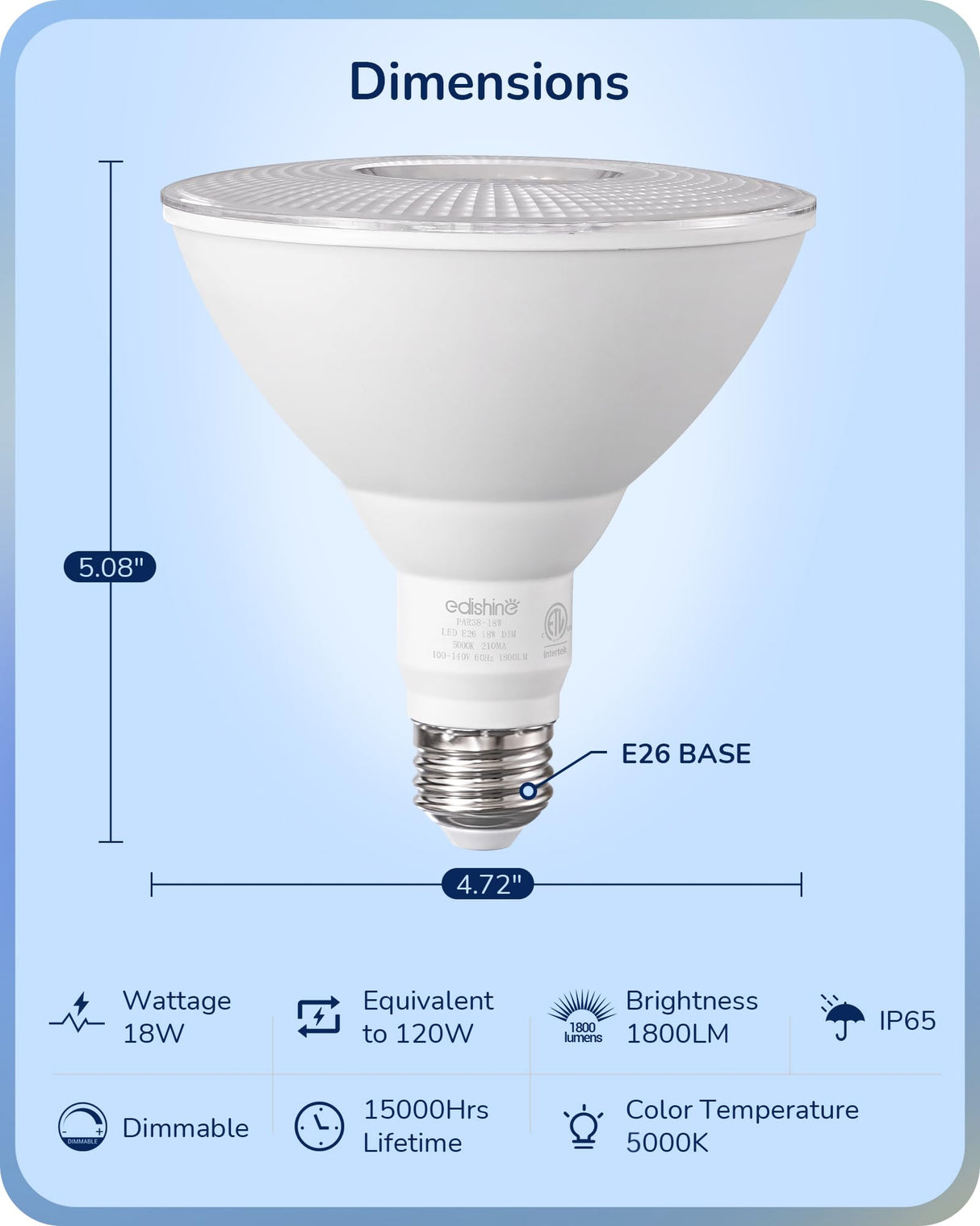 EDISHINE PAR38 Flood Lights Outdoor Bulb, Dimmable LED Flood Light Bulbs, 1800LM, 18W Equivalent 120W, Weatherproof LED Light Bulb for Backyard, Garage, Porch, Garden, 5000K Daylight, E26, 4 Pack