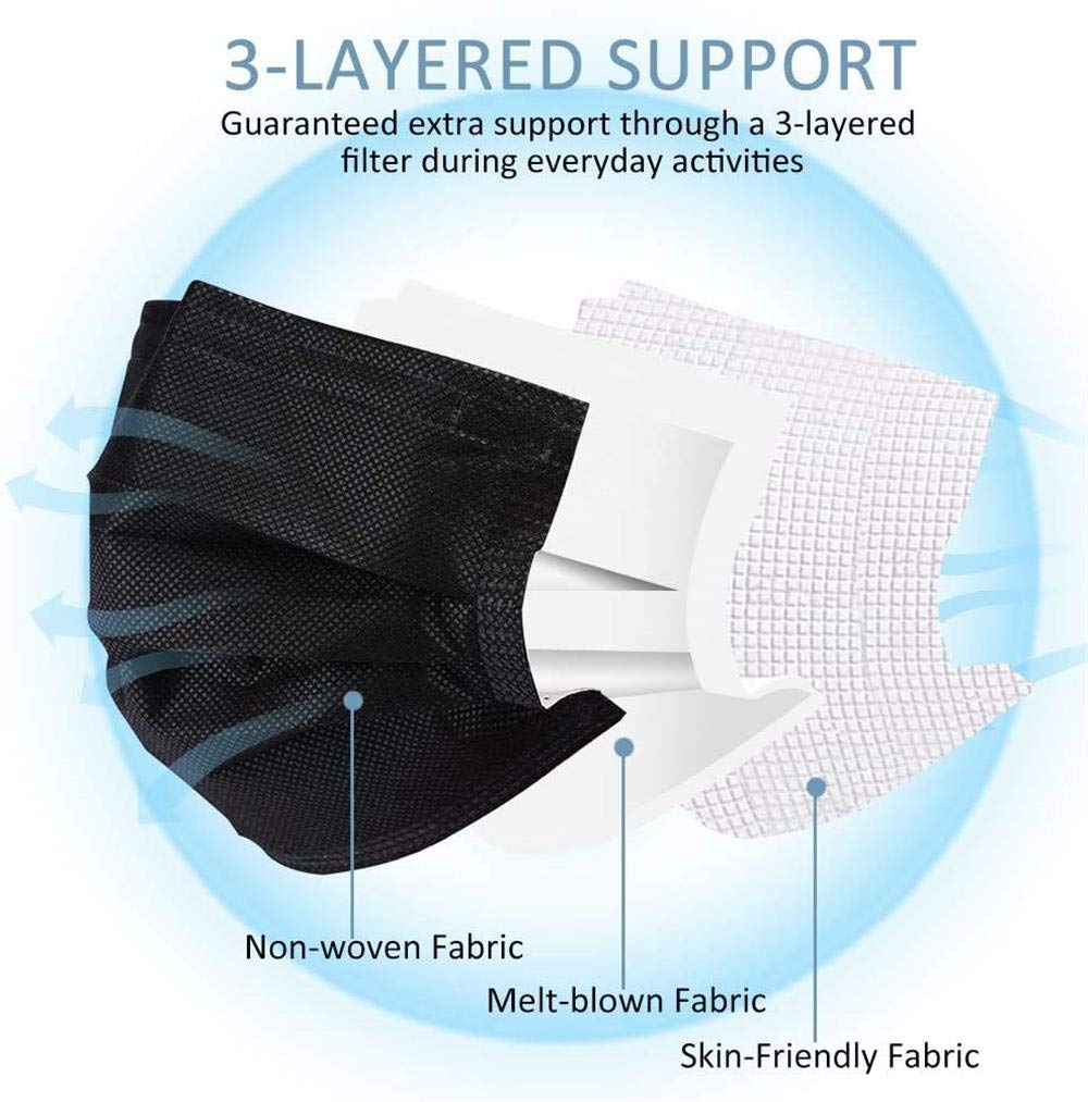 LEMENT 500pcs Disposable Black Mask,3-Ply Face Masks with Earloops