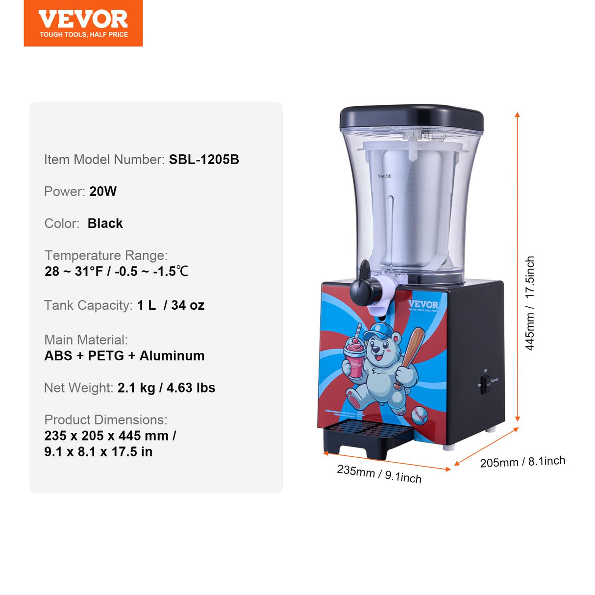 VEVOR Slushie Machine for Home, 34oz Tank Home-use Margarita Machine, Smoothie Frozen Drink Maker with Food-grade Materials, Slushy Machine for Home DIY, Kids' Parties, Black