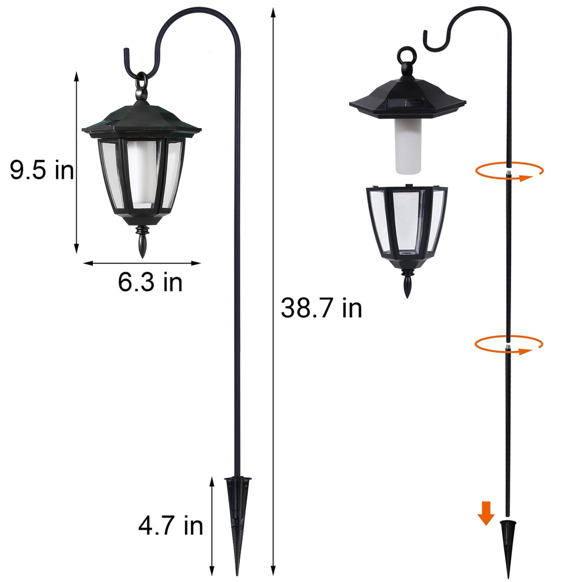 Dynaming 4 Pack Solar Flame Hanging Lights Outdoor, Halloween Solar Flickering Flame LED Garden Lanterns with 4 x 38 Inch Shepherd Hooks, Christmas Lighting for Lawn Patio Yard Pathway Driveway