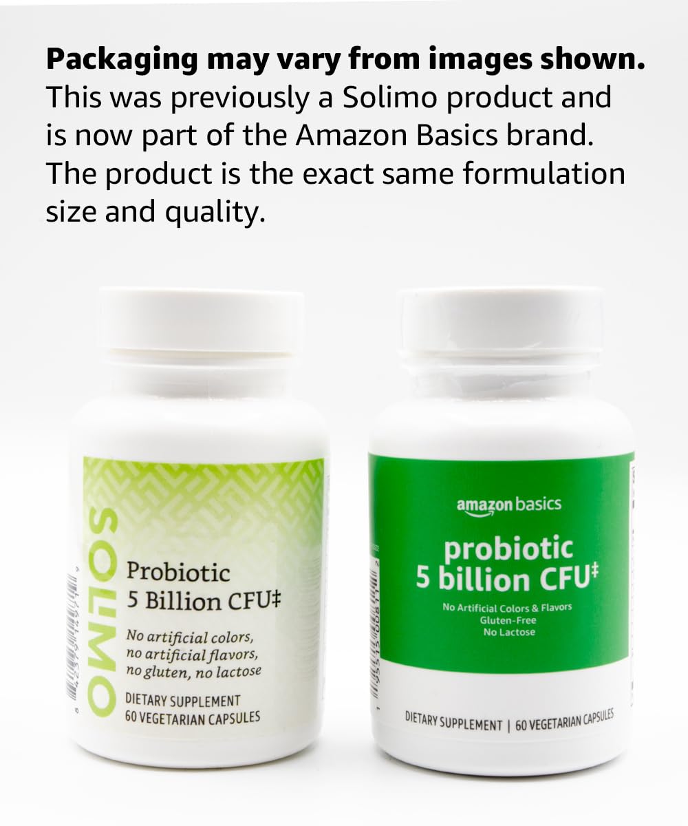 Amazon Basics Probiotic 5 Billion CFU, 8 Probiotic strains with 60 mg Prebiotic Blend, 60 Count Vegetarian Capsules, 2 Month Supply, Supports Healthy Digestion (Previously Solimo) (Pack of 2)