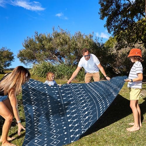 Beach Blanket Waterproof Sandproof, Large Beach Picnic Blankets Foldable Sand Free, Beach Mat Windproof w/Stakes and Corner Pocket for Outdoor, Travel, Camping, Hiking, Beach Essentials-Navy Geometry