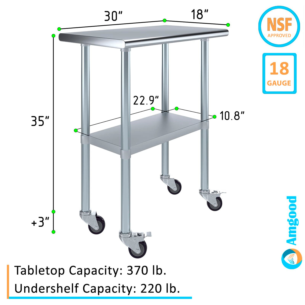 AmGood 18 in. x 30 in. Stainless Steel Work Table with Wheels | Metal Kitchen Food Prep Table | NSF