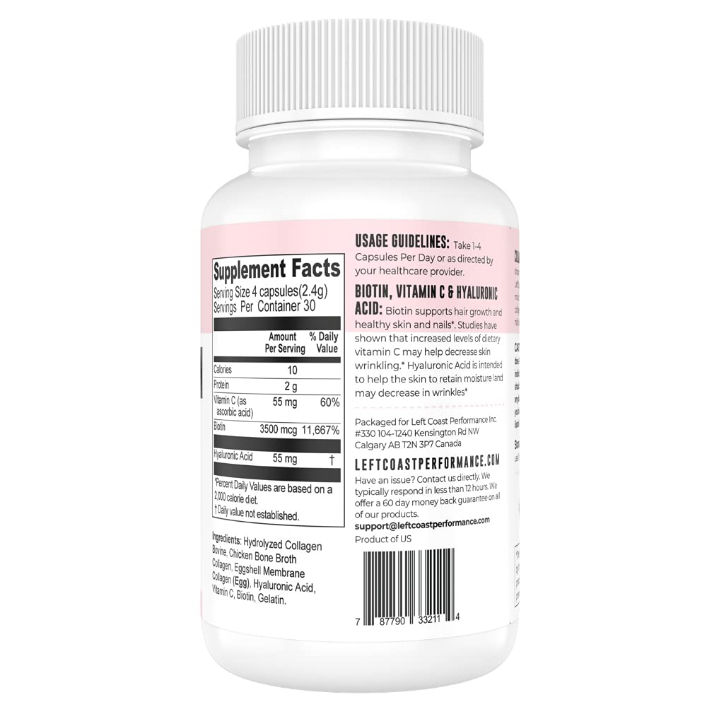 Collagen Capsules with Biotin, Hyaluronic Acid, Vitamin C, Hydrolyzed Multi Collagen Peptide Capsules Types I, II, III, V, X For Skin, Hair, Nails and Joint Health Supplement* 120 Count