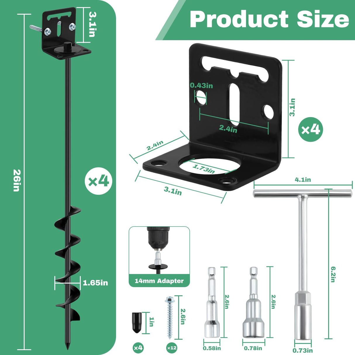 Ciyivak 26" Ground Anchors Screw in Heavy Duty, Mobile Home Anchors - Shed Anchor Kit with L Bracket & Drill Adapter, Earth Anchor for Swing Sets, Trampolines, Carports, Storage Sheds, Fences (4×26in)