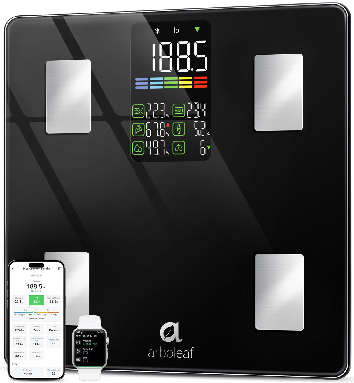 Arboleaf Smart Scale With BMI, Body Fat, Muscle Mass, 14 Composition Metrics, Large LED Display, Digital Bathroom Scale for Weight, Accurate Weighing Machine, App Sync, 500lbs, 11.8"