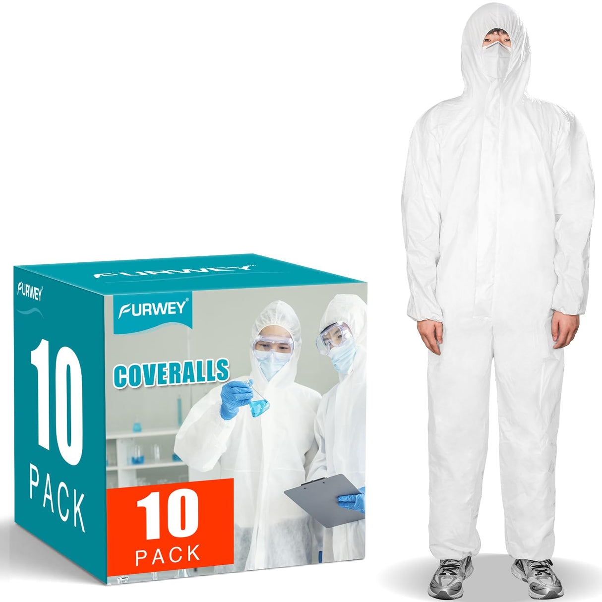 FURWEY Hazmat Suits 10 Pack Disposable Protective Coveralls, Heavy Duty Full Body Painters Suit for Men & Women with Elastic Wrists, Ankles and Hood, Available in 4 sizes-X-Large