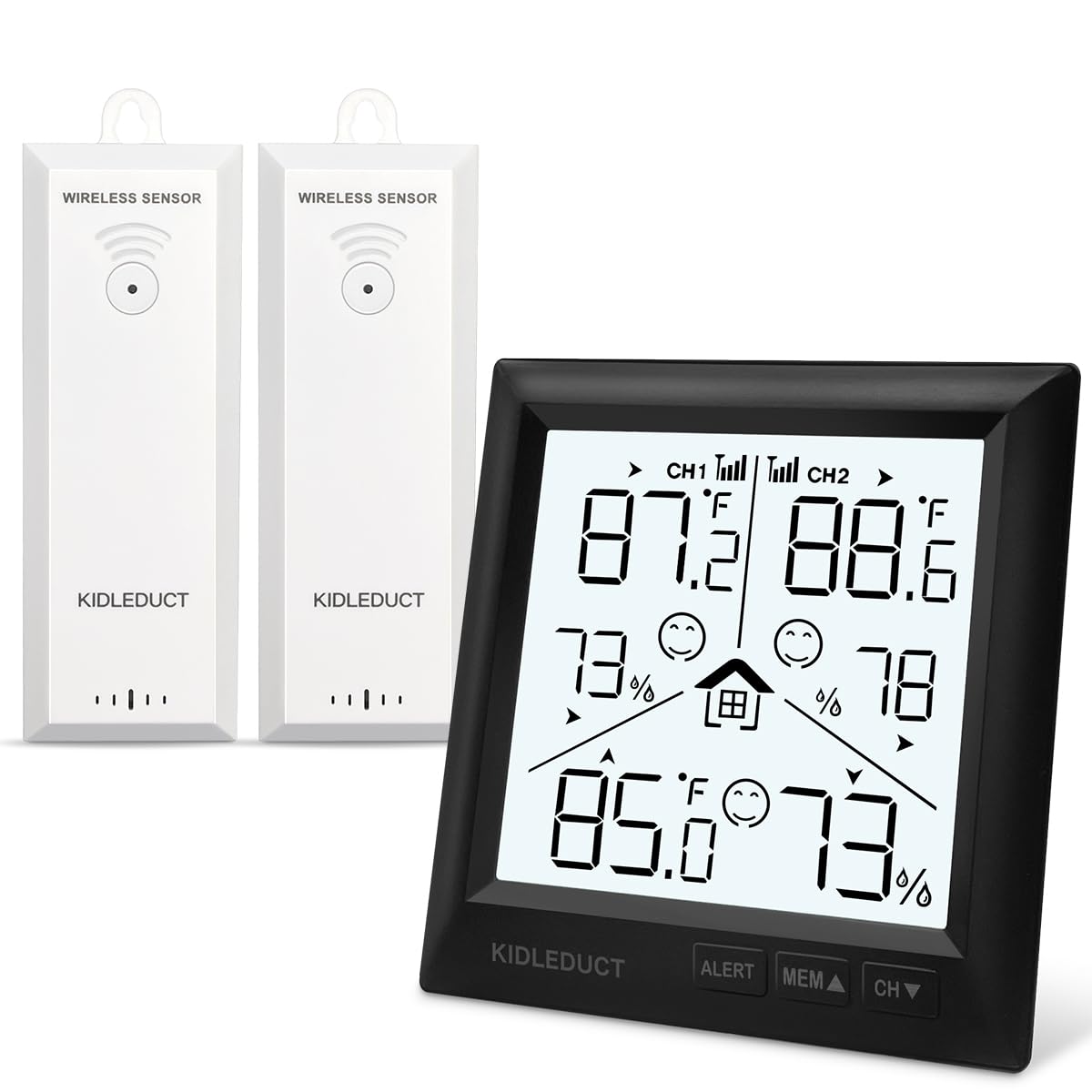 KIDLEDUCT Indoor Outdoor Thermometer Wireless Battery Powered, High Precision Inside Outside Humidity Temperature with Alert, Backlight Weather Thermometers with 2 Sensors, 330ft Wireless, Black