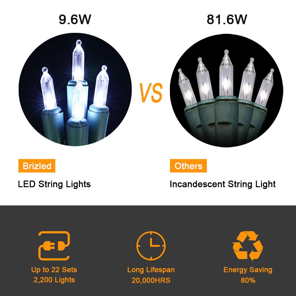 Brizled Christmas Tree Lights, 2 Pack 33ft 100 LED Christmas Lights, 120V UL Certified Connectable Xmas Light Indoor Outdoor, Clear Mini Light for Xmas, Tree, Home, Holiday, Green Wire, Bright White