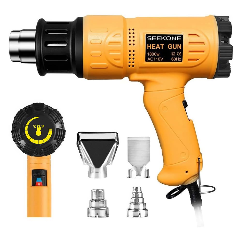 SEEKONE Heat Gun 1800W 122℉-1202℉(50℃- 650℃)Fast Heating Heavy Duty Hot Air Gun Kit Variable Temperature Control Overheat Protection with 4 Nozzles for Crafts, Shrinking PVC, Stripping Paint(5.2FT)