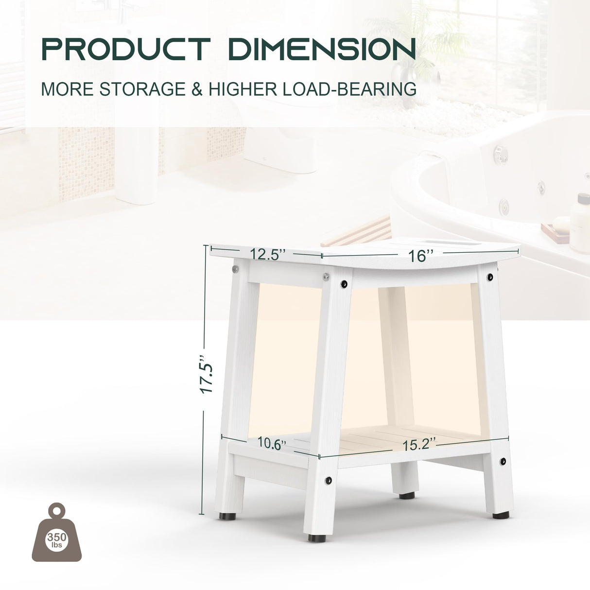 BEKVEM Shower Bench for Inside Shower - White HDPE Shower Stool Waterproof - Spa Bathroom Seat Chair with Handle, Storage Shelf, Adjustable Feet - Indoor/Outdoor, Weather Resistant