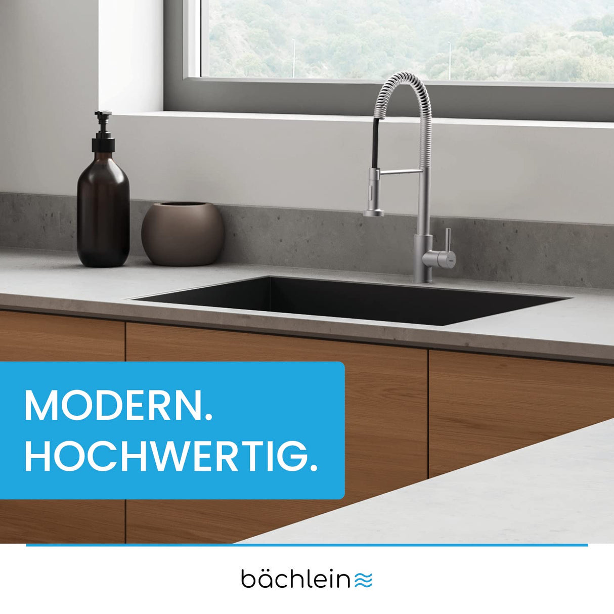 Bächlein Nedo Kitchen Faucet - 360° Rotatable (Brushed Stainless Steel) - Single Lever Mixer Tap Made of Stainless Steel with Flexible Neck and Shower with Switch Knob, Tap for Kitchen