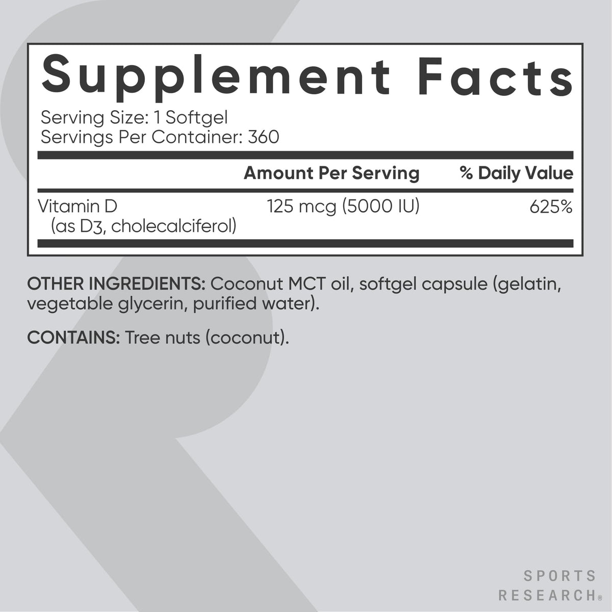 Sports Research® Vitamin D3 5000iu/125mcg with Coconut Oil, 360 Softgels