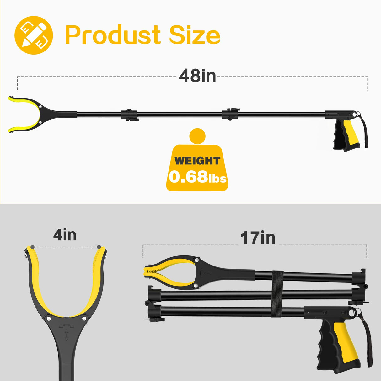 48 Inch Extra Long Grabber Reacher Tool,Foldable Pick Up Stick with Strong Grip Magnetic,360°Rotating Anti-Slip Jaw 4" Wide Claw Opening,Hand Grabber for Reaching