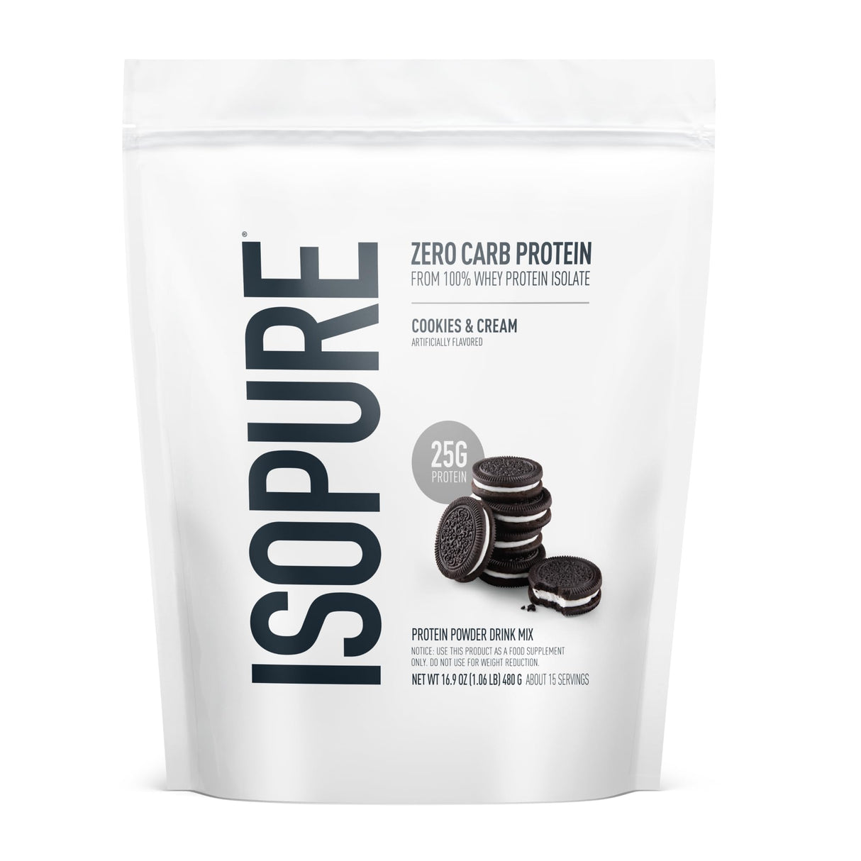 Isopure Zero Carb 100% Pure Whey Isolate Protein Powder, Lactose Free, Gluten Free, With Vitamins, Cookies & Cream, 25g Protein Per Serving, 1 Lb, 15 Servings (Packaging May Vary)