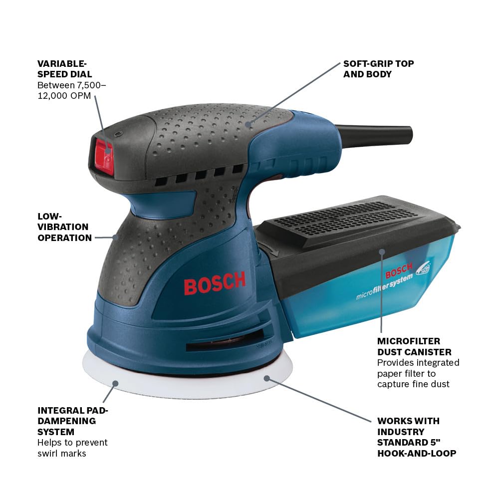 BOSCH ROS20VSC Palm Sander with Vacuum Dust Collector, 2.5 Amp 5 Inch Corded Variable Speed Random Orbital Sander, Polisher Kit with Soft Carrying Bag