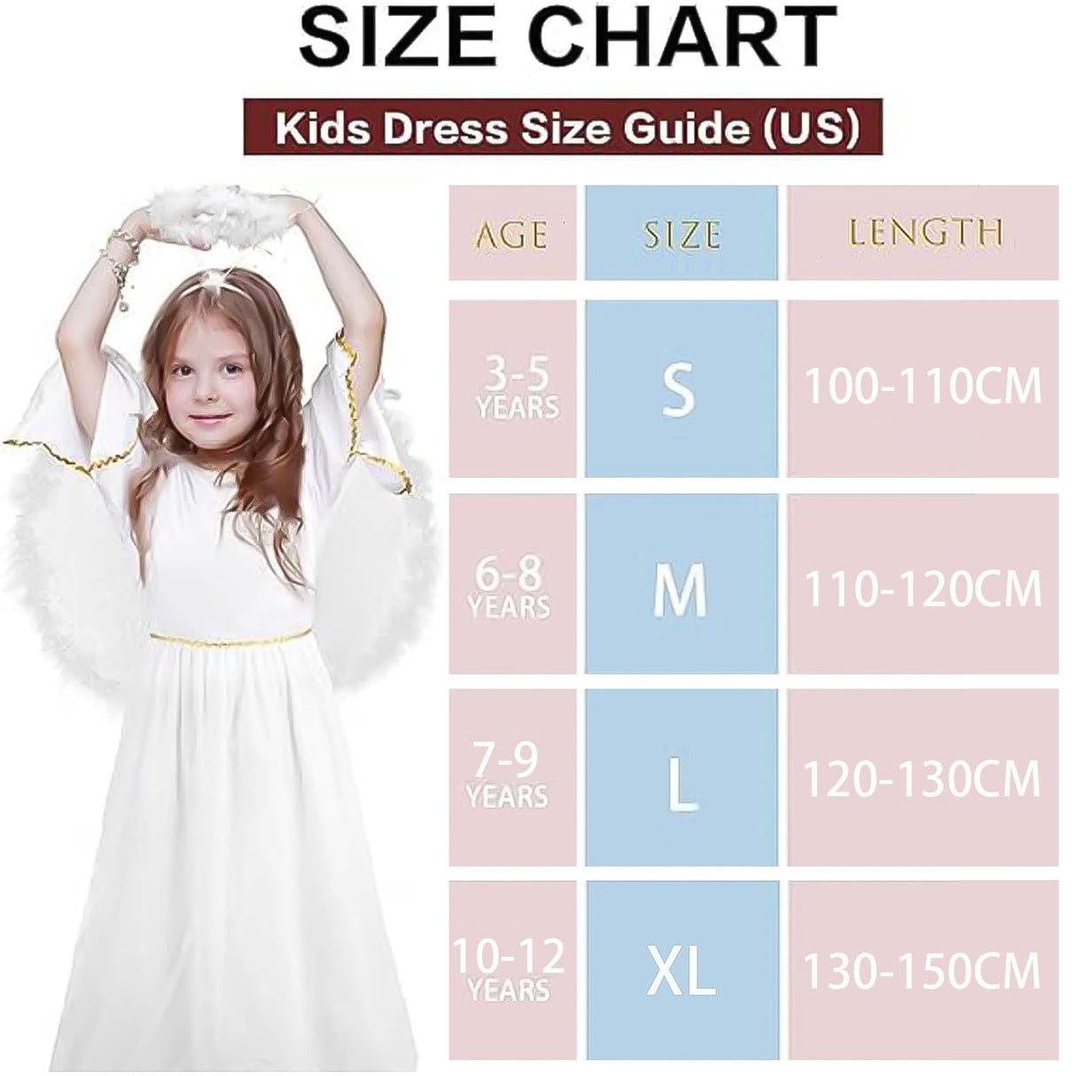 DERAYEE Angel Costume for Kids, Heavenly White Angelic Gown with Wings Headband for Girls Christmas Holiday Dress Cosplay Party