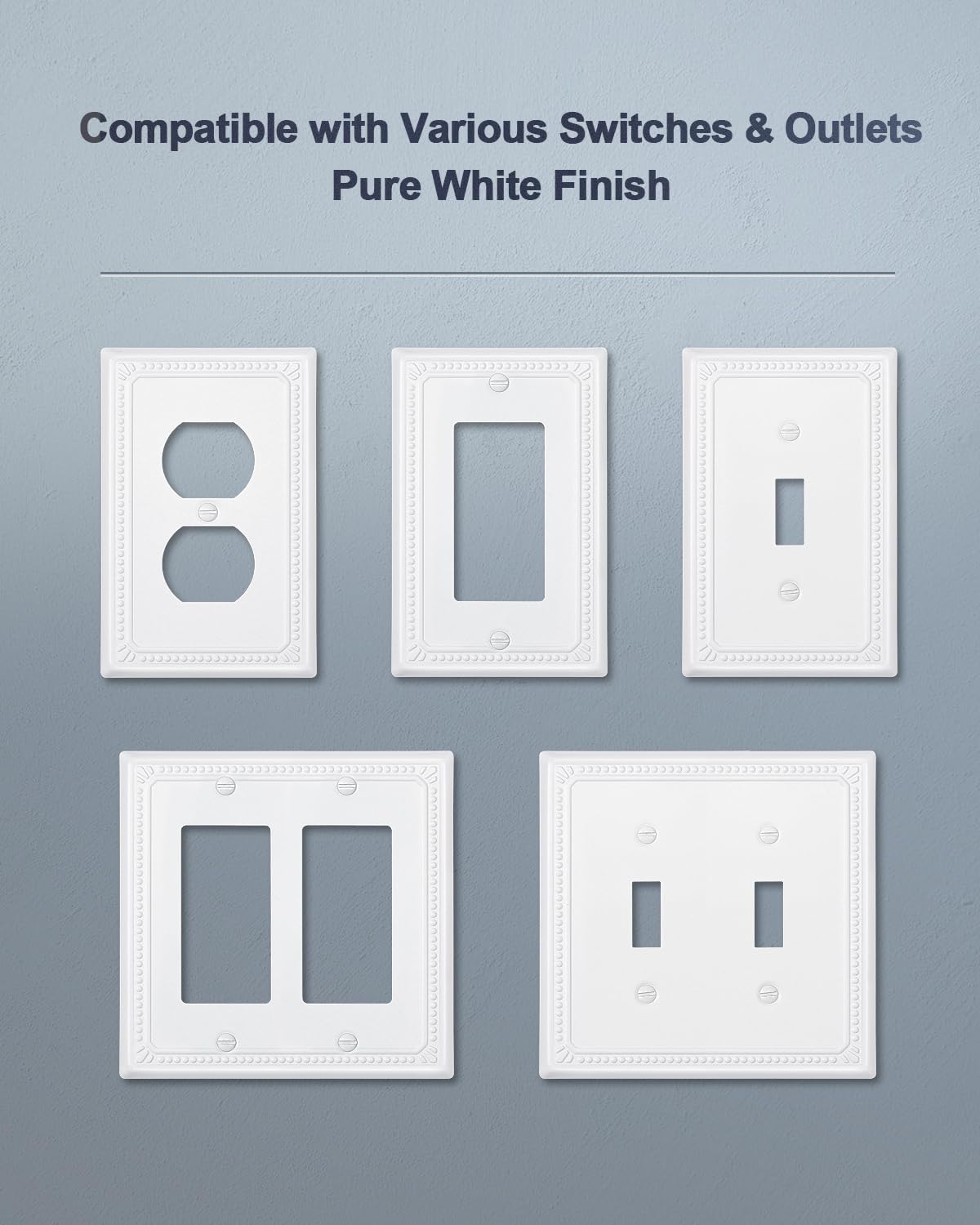 ZILLSEA Wall Plate Cover, Durable Metal Switch Plates and Outlet Covers, Decorative Pearl Design (1 Duplex 4PK, Pure White, Midsize)