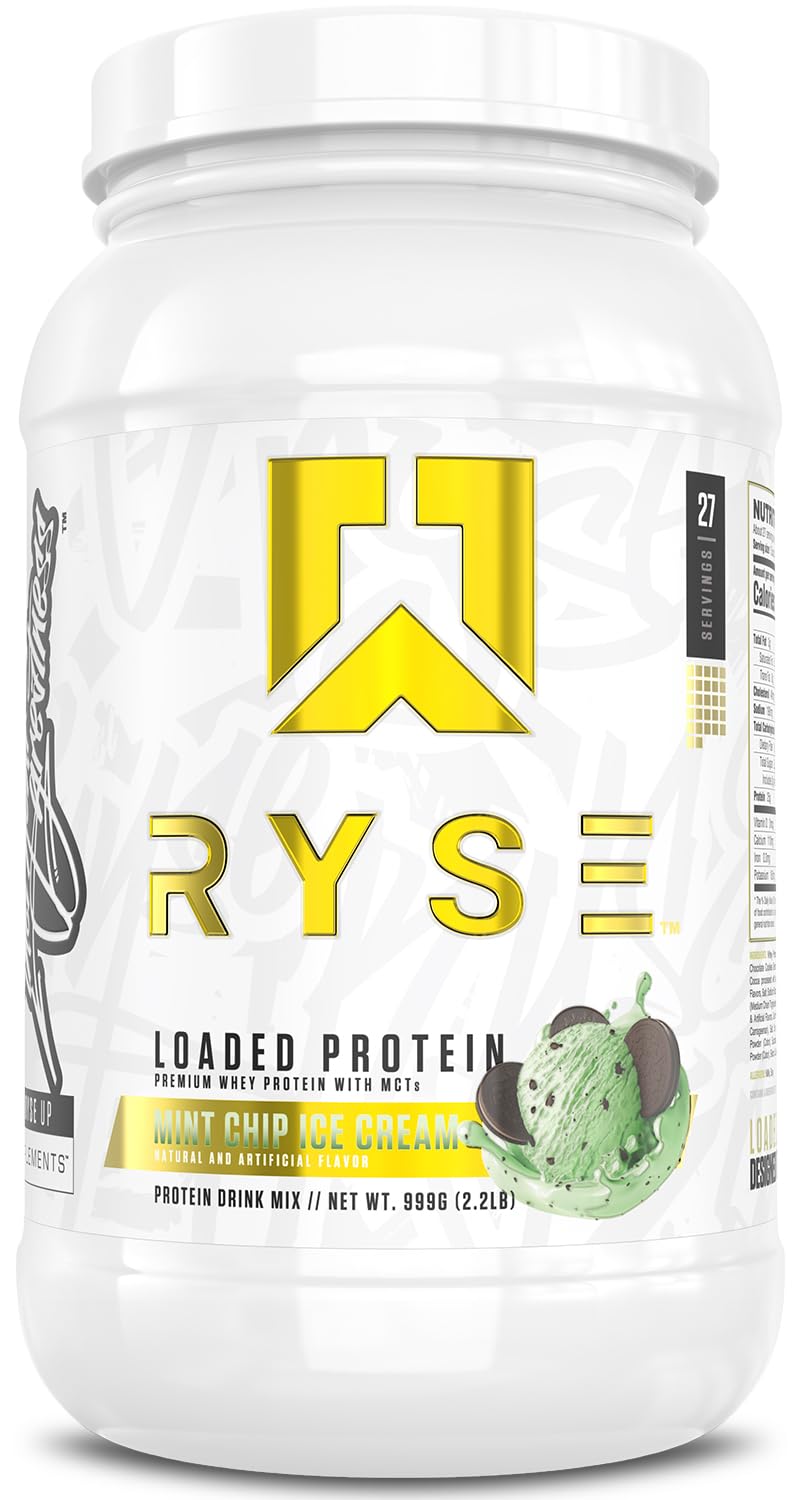 RYSE Loaded Protein Powder - Mint Chip Ice Cream - 25g Whey Protein Isolate & Concentrate with Prebiotic Fiber & MCTs - Low Carb, Low Sugar, Digestive-Friendly - 27 Servings / 2 lb Tub