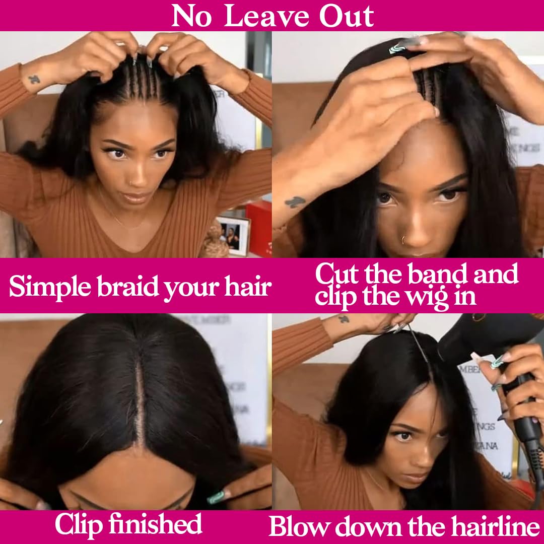 22Inch V Part Wigs Human Hair Straight Brazilian Human Hair Wigs for Black Women Upgrade U Part Wigs No Sew in NO Glue 180% Density Natural Color