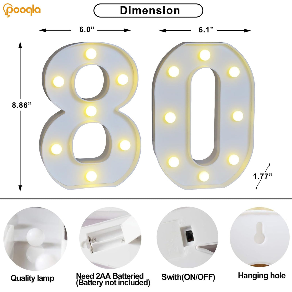 Pooqla Decorative LED Light Up Number Letters, White Plastic Marquee Number Lights Sign for 80th Birthday Party Wedding Decor, Battery Operated (80)