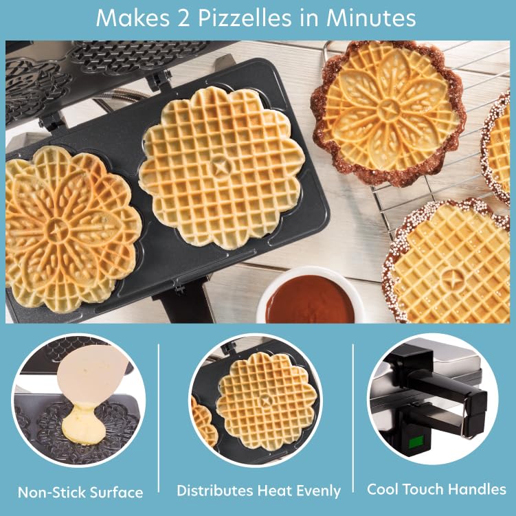 Pizzelle Maker- Nonstick Electric Holiday Baker Press Makes Two 5-Inch Cookies at Once- Christmas Baking Supplies for Party- Italian Dessert Treat Making with Recipe Guide- Cookie Swap Gift for Her