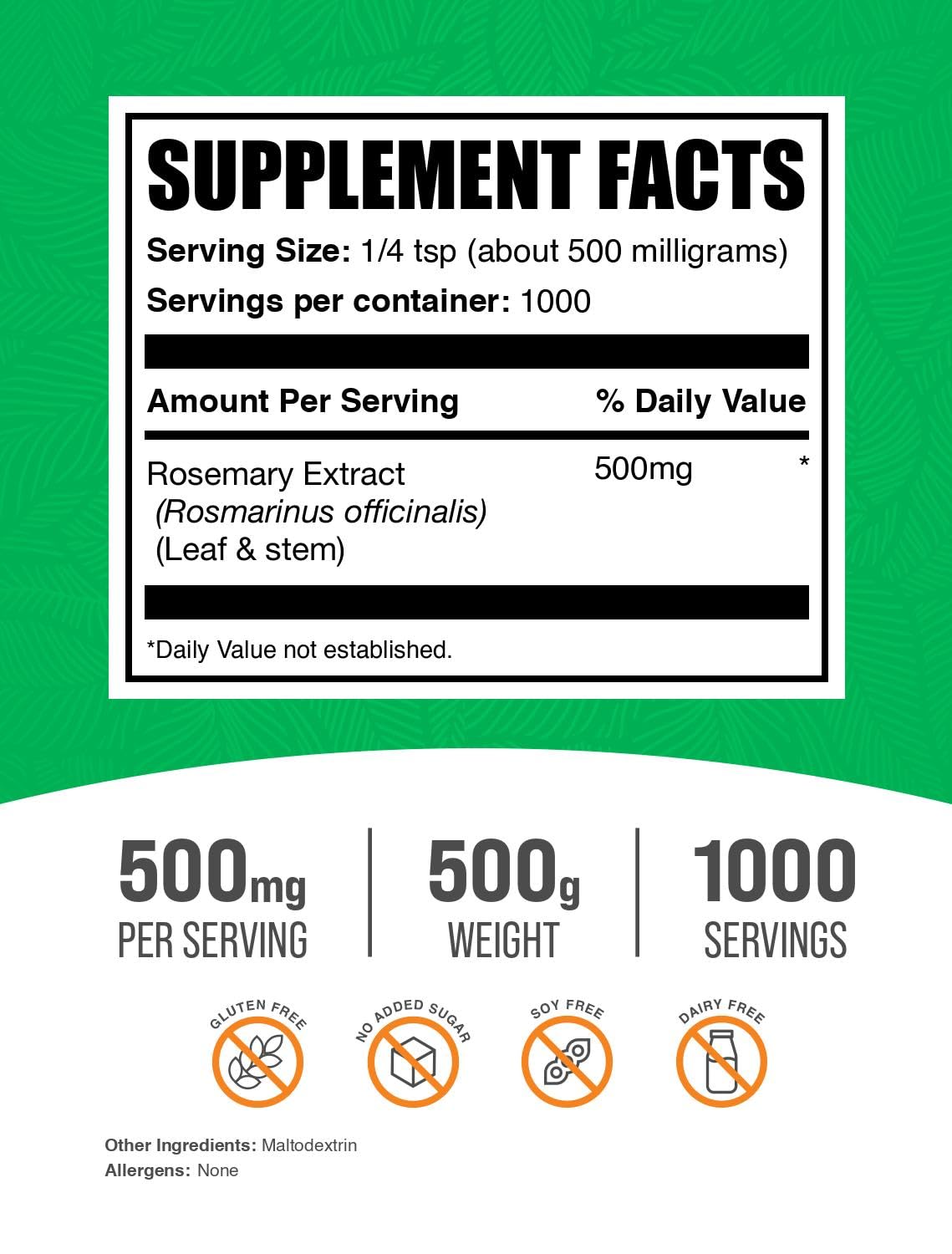 BulkSupplements.com Rosemary Extract Powder, from Rosemary Herb - Herbal Supplement, Gluten Free, 500mg per Serving, 500g (1.1 lbs) (Pack of 1)