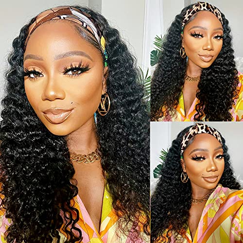 Lauberita Headband Wig Human Hair Wigs 18 Inch Wear and Go Glueless Wig Curly Deep Wave Headband Wig Natural Color