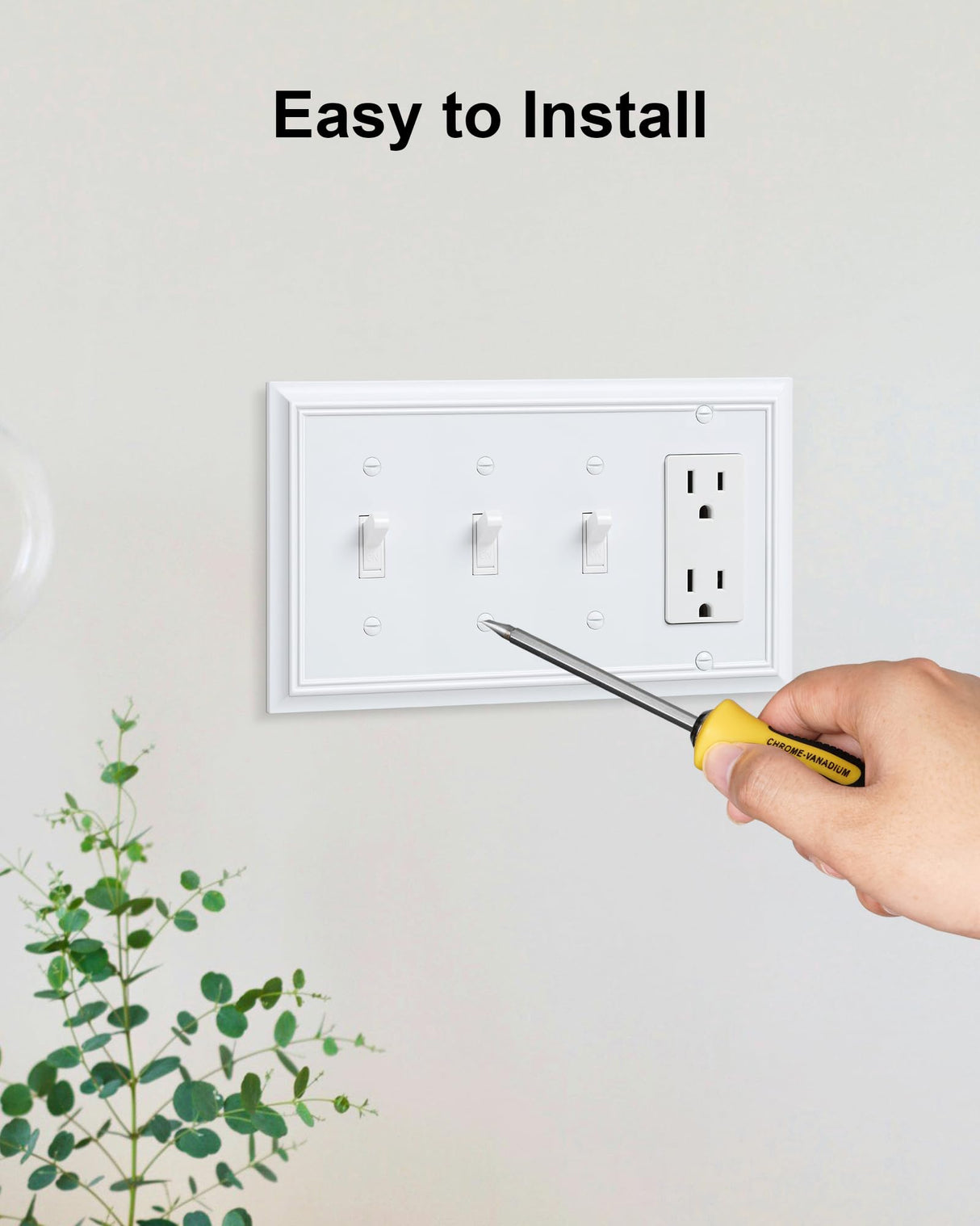 2-Pack Combo Triple Toggle/Decorator Outlet Cover Plate, Pure White Decorative Switch Plates and Outlet Covers, Durable Natural Bamboo Fiber Wall Plates for Electrical Outlet, Receptacle, GFCI Outlet