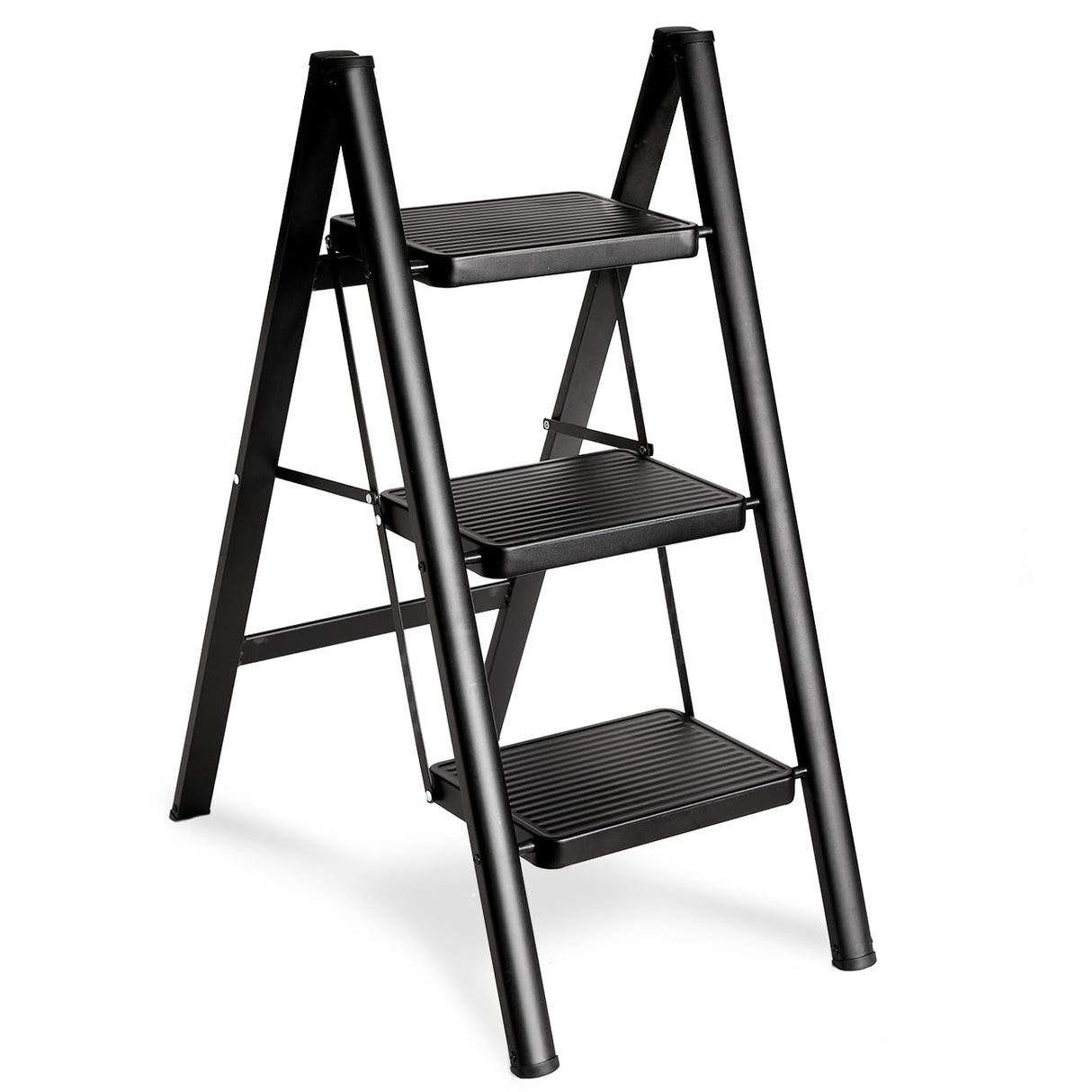 Double Elite Folding 3 Step Ladder, Sturdy 330 Lbs Load Small Step Stool for Adults, Safer Full Steel Multi-use Kitchen Ladder for Home, Closet Step Stool Ladder with Wide Pedals, Black, 3-Step