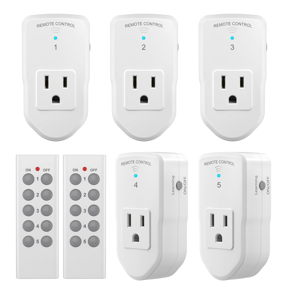 BN-LINK Wireless Remote Control Electrical Outlet Switch for Lights, Fans, Christmas Lights, Small Appliance, Long Range White (Learning Code, 5Rx-2Tx) 1200W/10A