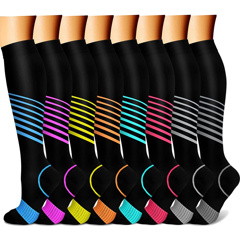 CHARMKING Compression Socks for Women & Men (8 Pairs) 15-20 mmHg Graduated Copper Support Socks are Best for Pregnant, Nurses - Boost Performance, Circulation, Knee High & Wide Calf (S/M, Multi 34)