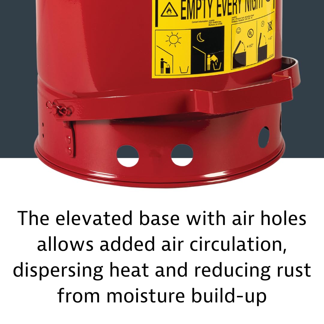 Justrite 10 Gallon Galvanized Steel Oily Waste Can, 18" x 14" Metal Oil Rag Safety Can With Foot Operated Self-Closing Lid for Oil Rag Disposal, Made in the USA, Red, 09300