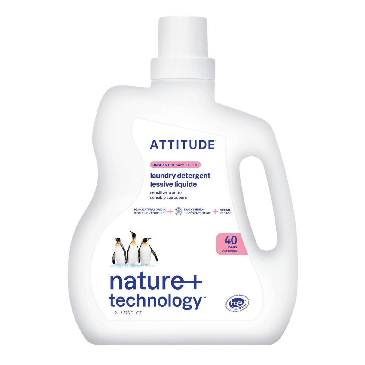 ATTITUDE Liquid Laundry Detergent, EWG Verified, HE Compatible, Plant-Based & Vegan, Natural Laundry Soap, Unscented, 40 Loads, 67.6 Fl Oz
