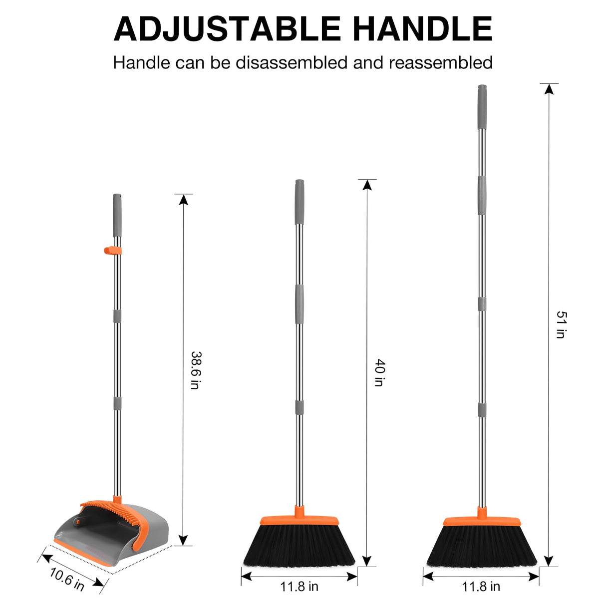 NACENA Broom and Dustpan Set, 52-in Long Adjustable Handle Broom Dustpan Combo with Dustpan Teeth to Automatically Clean Hair Suitable for Home Kitchen Office Hall Floor (Grey&Orange), 2 Pack