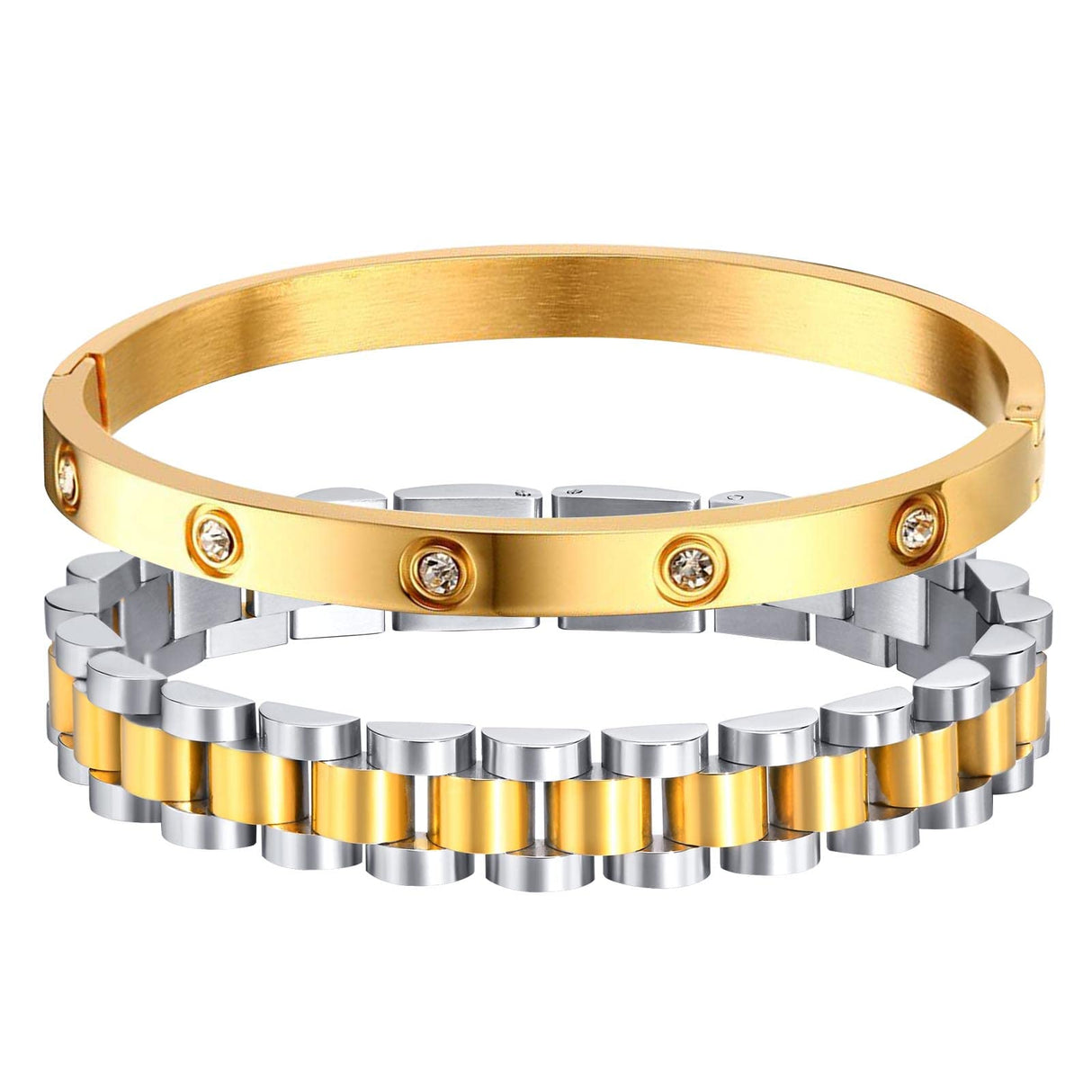 MPRAINBOW 2pcs 18K Gold Plated Chain Link Bracelet, Stainless Steel Crystal Friendship Bracelets Bangle,Watch Band Chains Wristband Jewelry with Adjust Tool