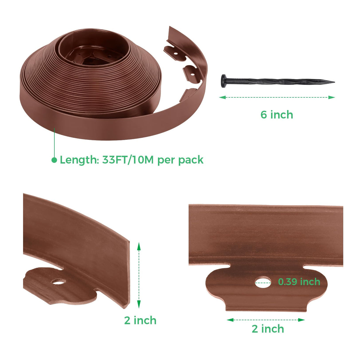 2-Inch x 66 FT Landscape Edging Border with 100 Spikes, Garden Edging Lawn Edging Border Kit, Plastic Edging Border Flexible for Garden Flower Beds Lawn Yard Pathway (Brown)