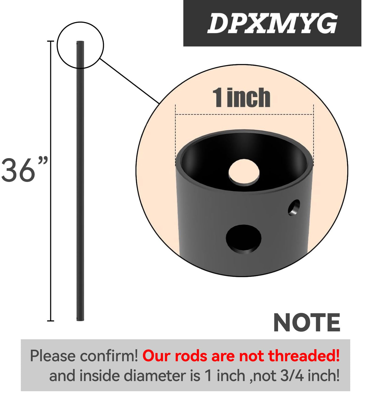 DPXMYG 36 inch Ceiling Fan Downrod, 3 FT Black Downrod for Ceiling Fan, 1 inch Outside Diameter, Boom Suitable for a Wide Range of Fans (Black, Not Threaded)